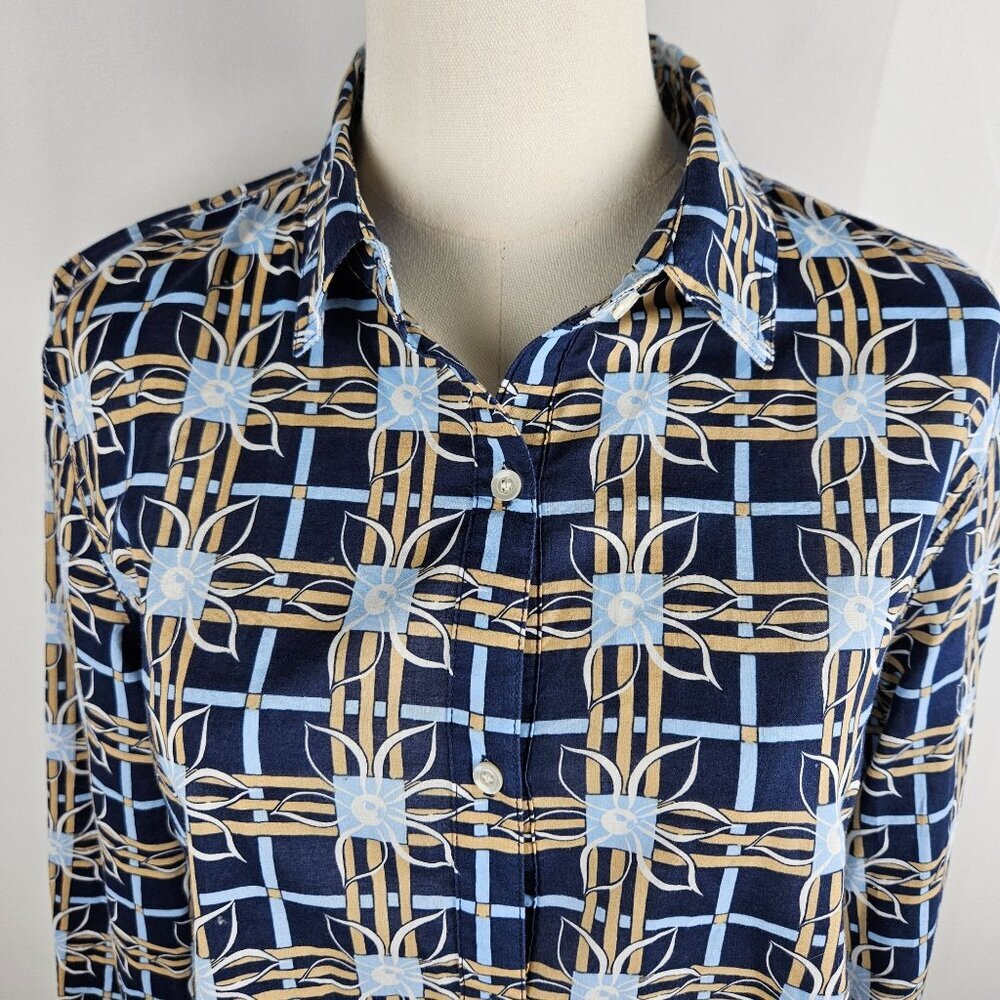 J. McLaughlin Button Down Blouse Sz Medium Blue & Tan Plaid Floral Career